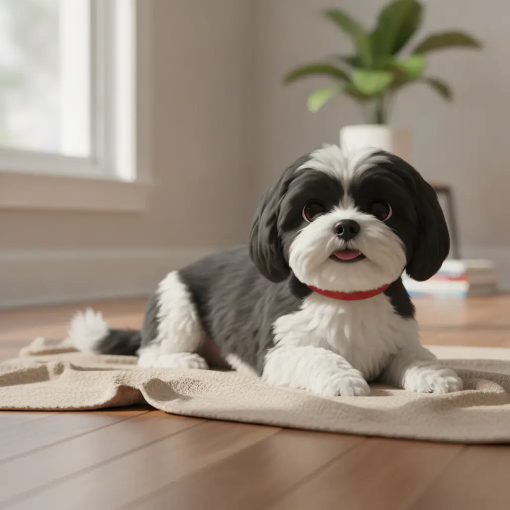 photo of a dog lying on a rug in a relaxed neutral pose