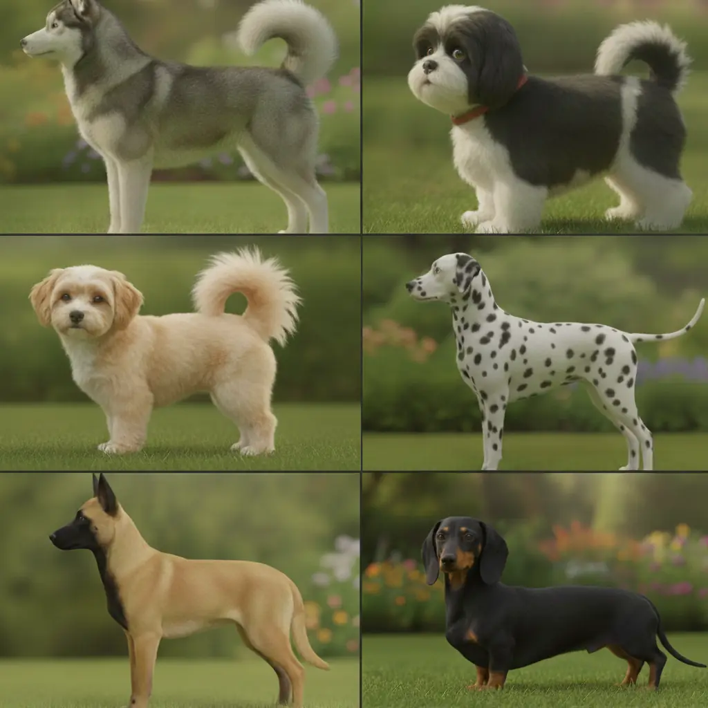 yandan görünen altı ırk, her birinin kuyruğu kendi doğal ırk taşıma yüksekliğinde (Husky, Shih Tzu ve Malta yüksek, Dalmaçyalı düz, Malinois ve Corgi alçak)