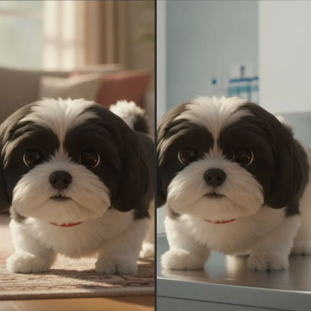 split photo: same dog posture, one at home, one at a vet clinic