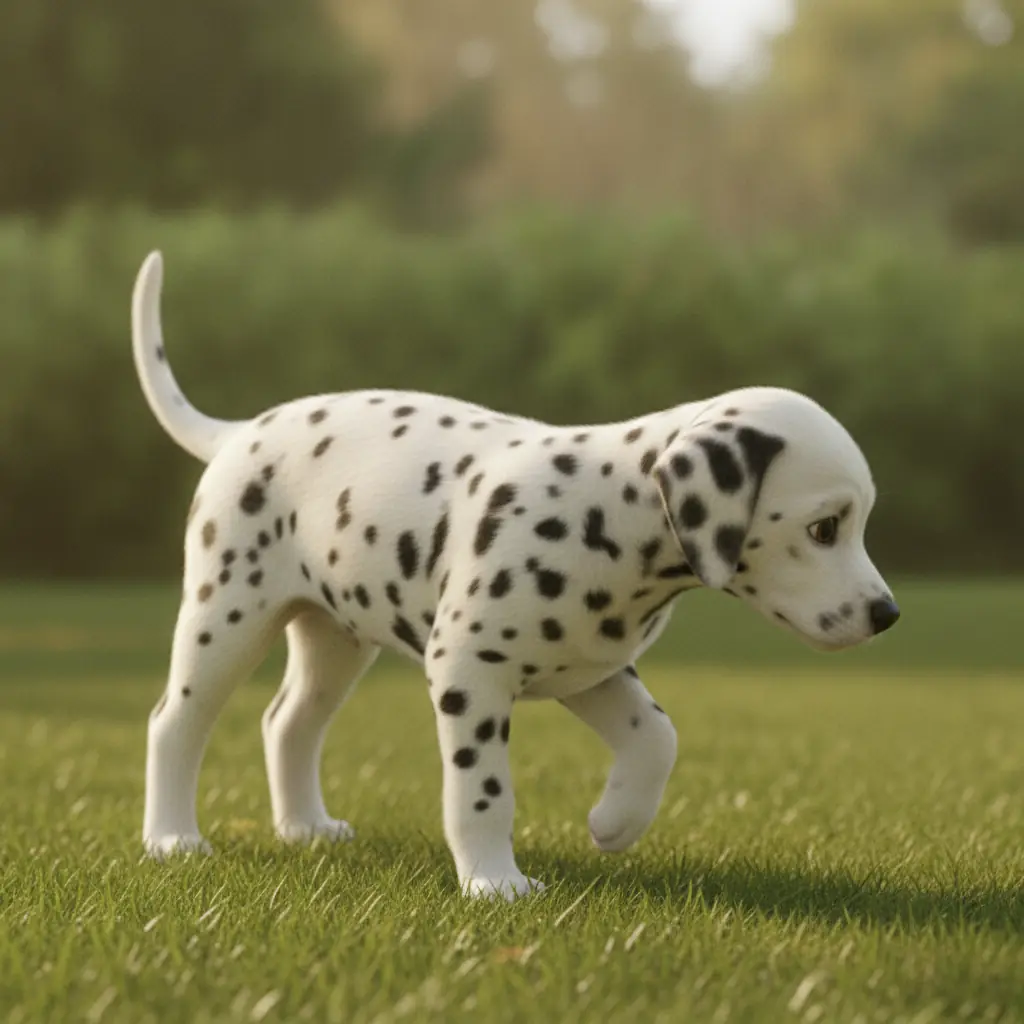 foto de un solo cachorro dálmata que se acerca caminando con la cabeza ligeramente baja