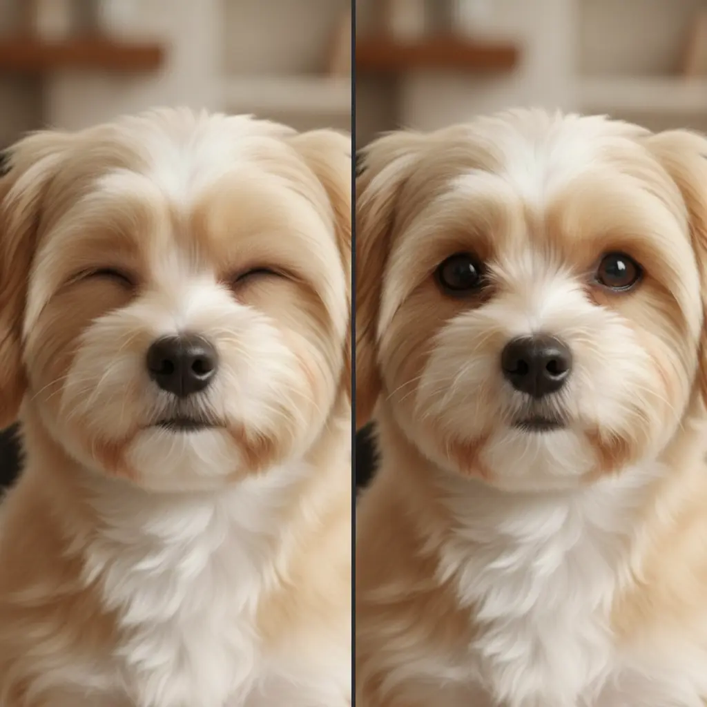 split photo of the same dog: soft relaxed squinting eyes versus a hard wide tense stare