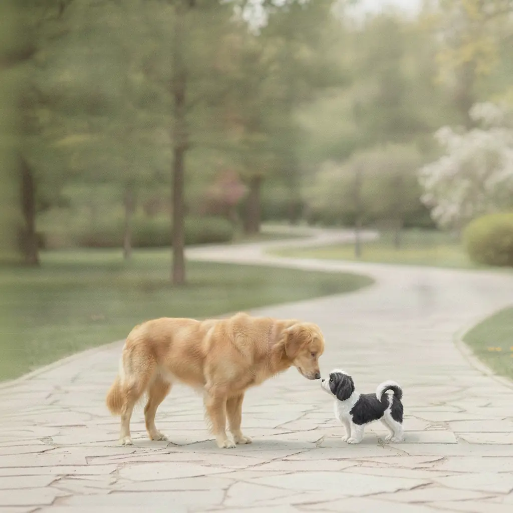 photo of an off-leash dog charging straight toward a leashed dog on a park path