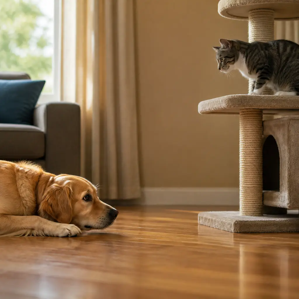 photo of a dog crouched low and still, staring intently at a cat across the room
