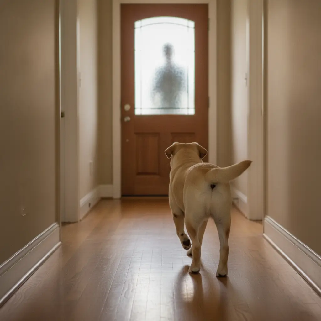photo of a dog at a front door with a stiff body, high tail, and locked stare toward the door