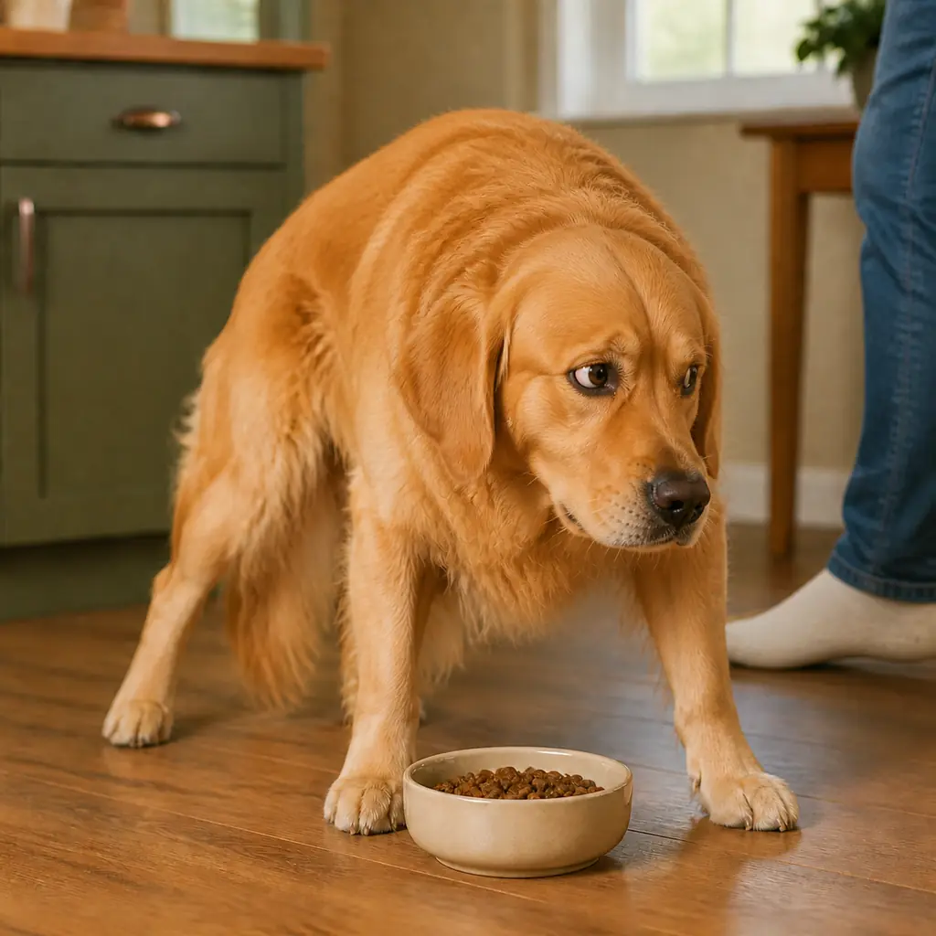photo of a dog hunched stiffly over a food bowl, body frozen, eyes tracking a person nearby