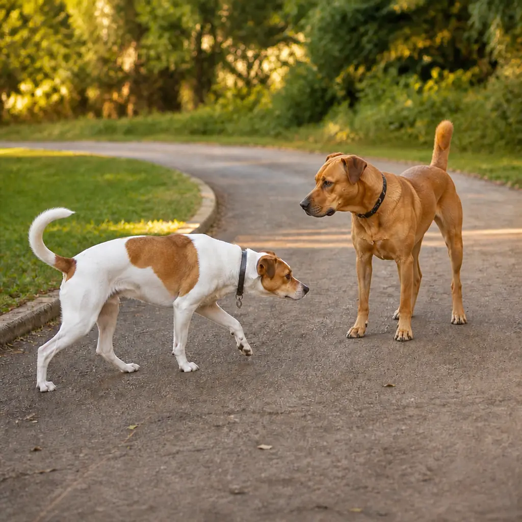photo of two dogs meeting, one curving in from the side, the other standing square and staring head-on