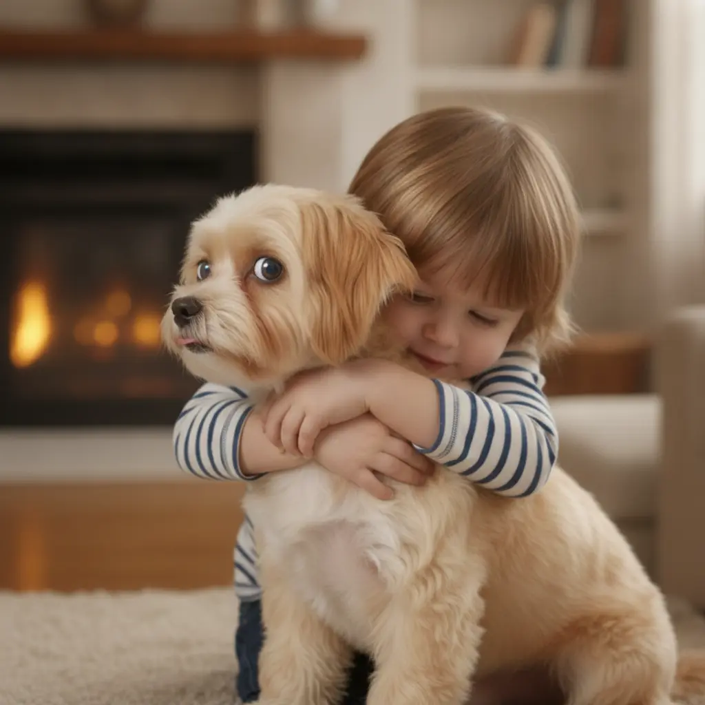 photo of a child hugging a dog tightly while the dog turns its head and shows whale eye