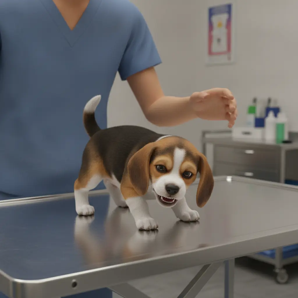 photo of a dog in a vet lobby panting with tucked tail and visible whale eye