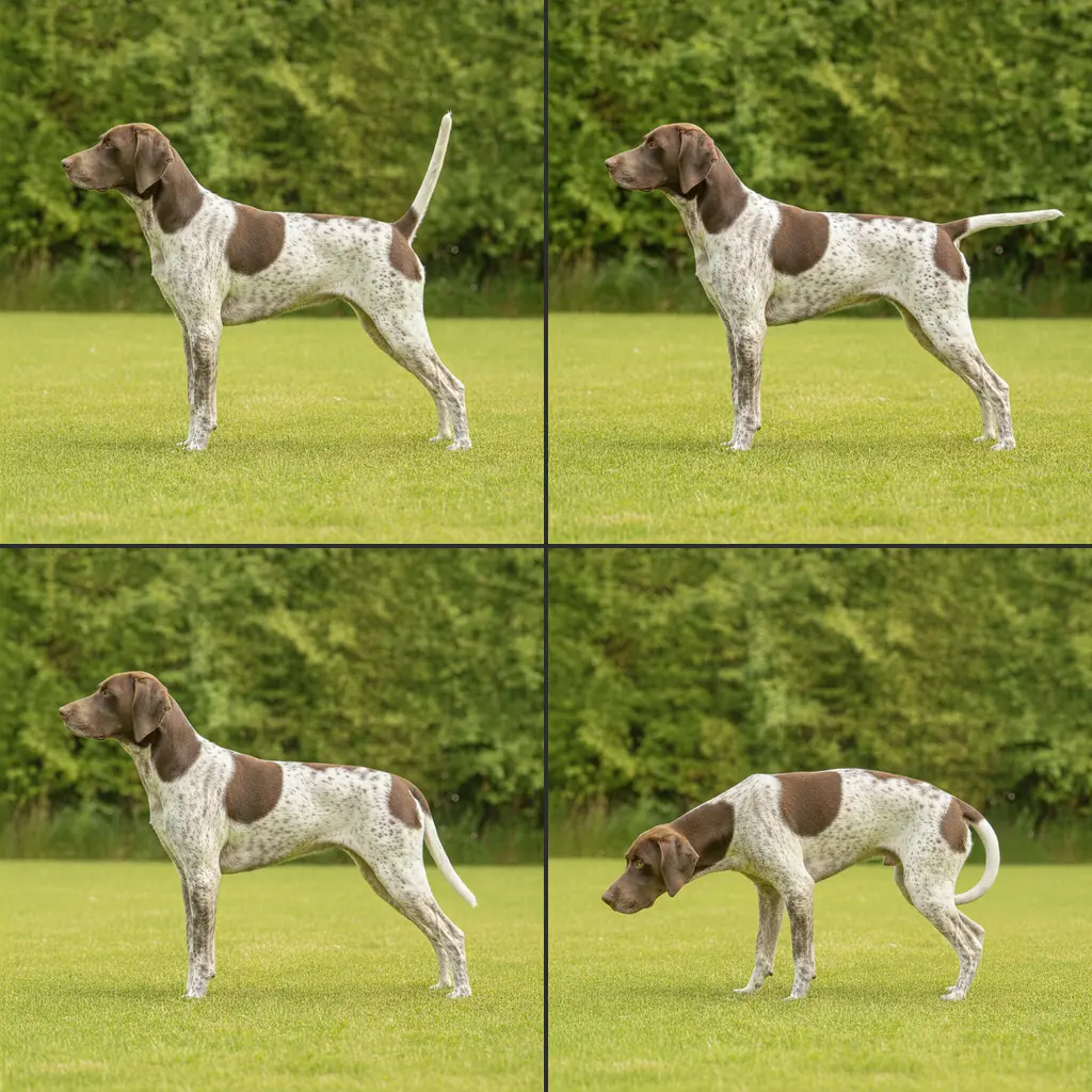 aynı köpekte gösterilen dört kuyruk konumu: yüksek, orta, alçak, kıstırılmış